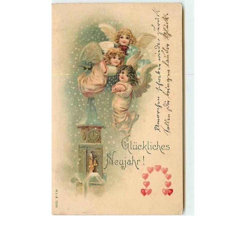 n°8691 - Carte Fantaisie Gaufrée - Gluckliches Neujahr - Angelots dans un Paysage hivernal