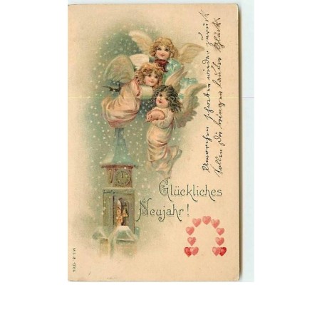 n°8691 - Carte Fantaisie Gaufrée - Gluckliches Neujahr - Angelots dans un Paysage hivernal