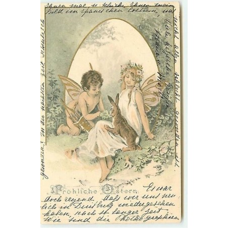 n°10229 - Fröhliche Ostern - Cupidon et une nymphe nourrissant un lièvre