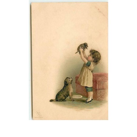 n°8699 - Carte Illustrateur - Fillette avec des chiots - E.S.D. Serie 8064