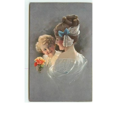 n°8744 - Carte Illustrateur - n°20887 - Femme avec fillette bouquet de fleur