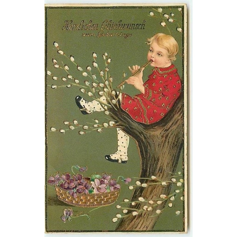 n°12447 - Herzlichen Glückwunsch - Enfant jouant de la flûte dans un arbre