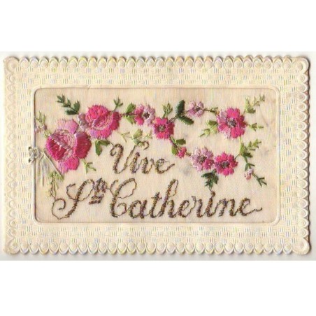 n°8757 - Carte Brodée - Vive Sainte Catherine - Fleurs roses