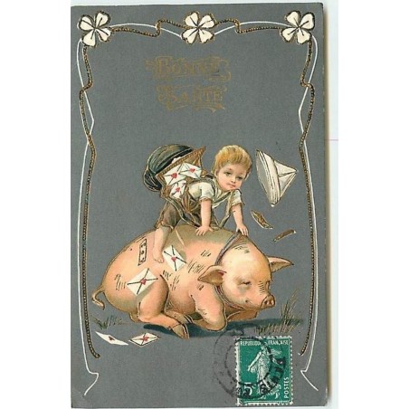 n°8790 - Carte Fantaisie Gaufrée - Bonne Santé - Cochon - Enfant facteur