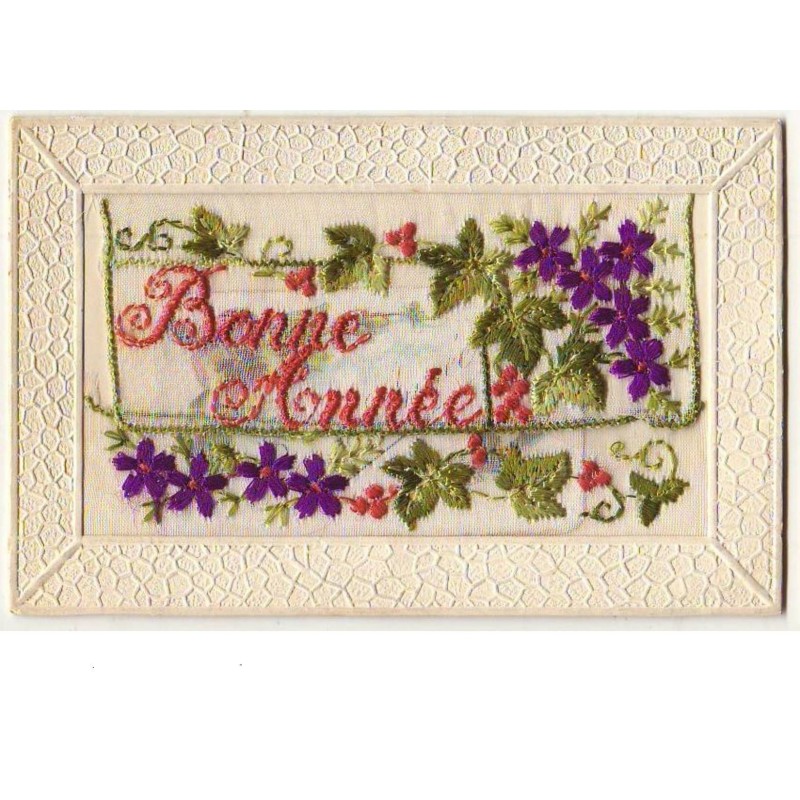 n°8806 - Carte Brodée avec rabat - Bonne Année - Fleurs violettes et lierre