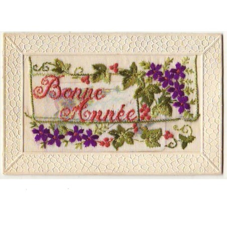 n°8806 - Carte Brodée avec rabat - Bonne Année - Fleurs violettes et lierre