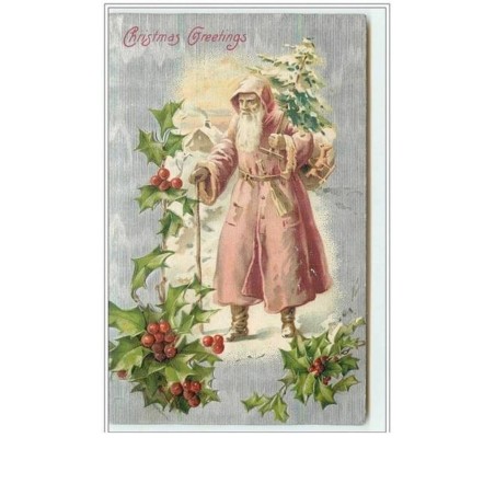 n°882 - Carte Gaufrée - Christmas Greetings - Père Noël avec un sapin sur fond argent