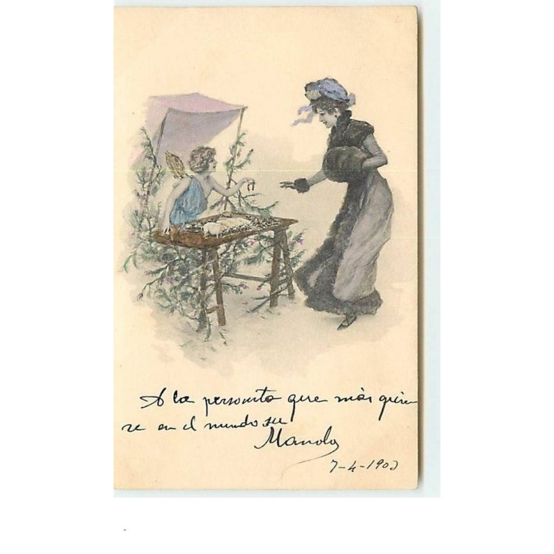 n°8839 - Carte Fantaisie - Angelot tenant un stand de porte-bonheur - Femme élégante - Theo Stroefer Série 206 n°10