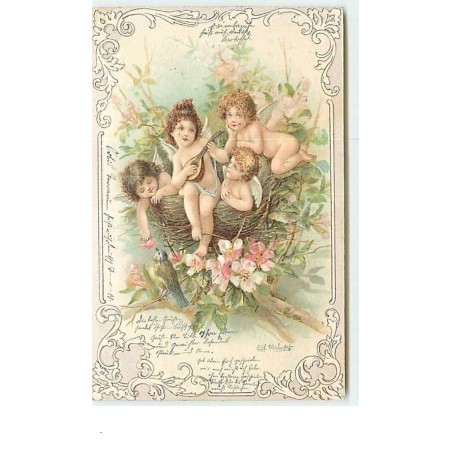 n°8842 - Carte Fantaisie Gaufrée - Angelots dans un nid d'oiseau