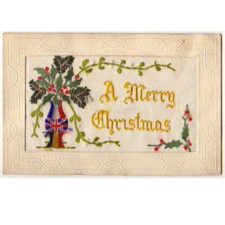 n°8854 - Carte Brodée - A Merry Christmas - Vase en Drapeaux