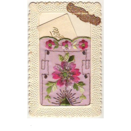 n°8861 - Carte Brodée - Fleurs et Petite Carte