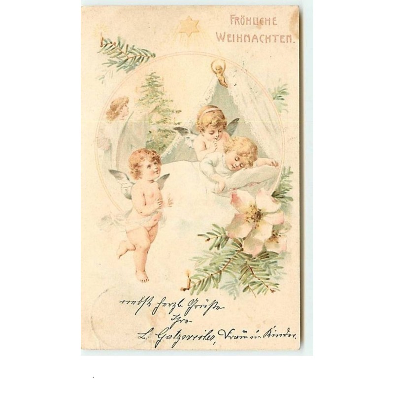 n°8887 - Carte Fantaisie - Fröhliche Weihnachten - Angelots autour du berceau d'un enfant
