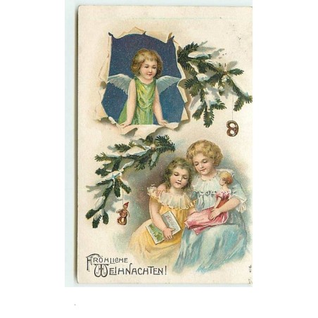 n°8891 - Carte Fantaisie Gaufrée - Fröhliche Weihnachten - Fillette avec sa maman surveillés par un angelot