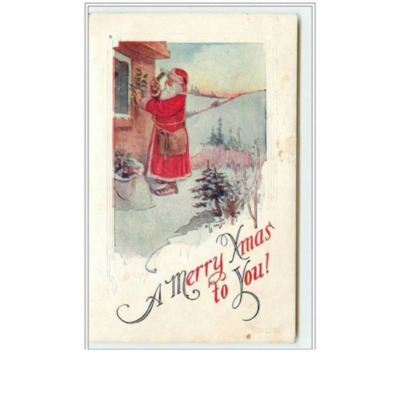 n°892 - Carte Gaufrée - A Merry Christmas to you - Père Noël accrochant du houx
