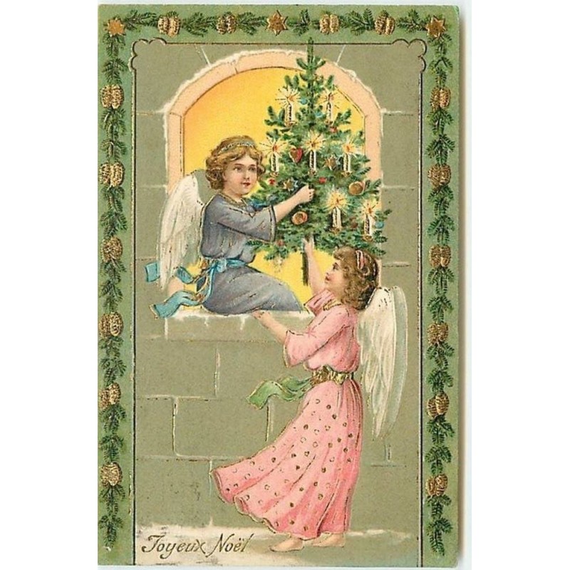 n°12456 - Carte Gaufrée - Joyeux Noël - Anges Gardiens préparant un sapin