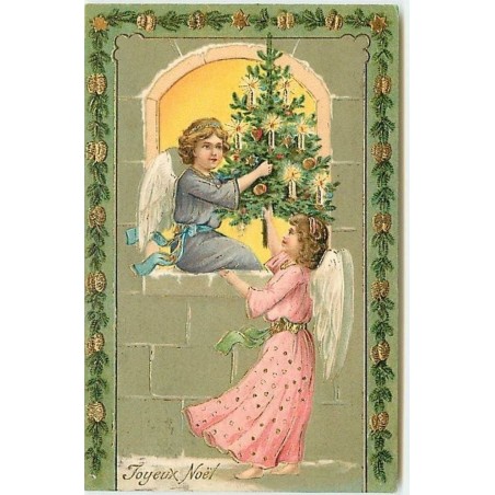 n°12456 - Carte Gaufrée - Joyeux Noël - Anges Gardiens préparant un sapin