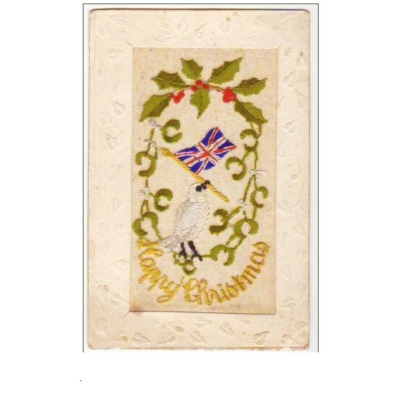 n°8953 - Carte Brodée - Happy Christmas - Oiseau tenant un Drapeau
