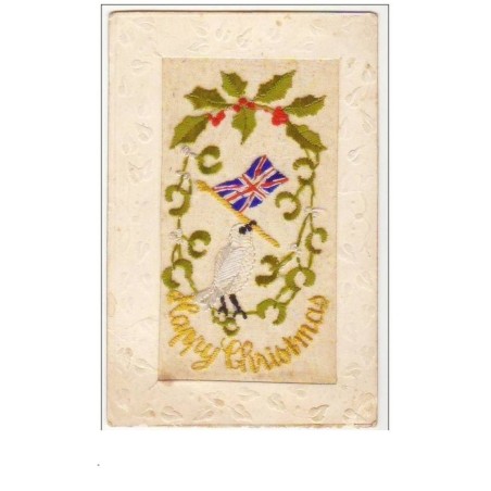 n°8953 - Carte Brodée - Happy Christmas - Oiseau tenant un Drapeau
