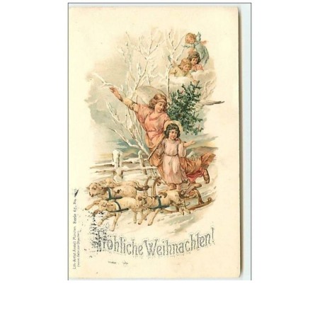 n°8985 - Carte Fantaisie - Fröhliche Weihnachten - Ange et Enfant sur un traineau - Lith. Anstalt