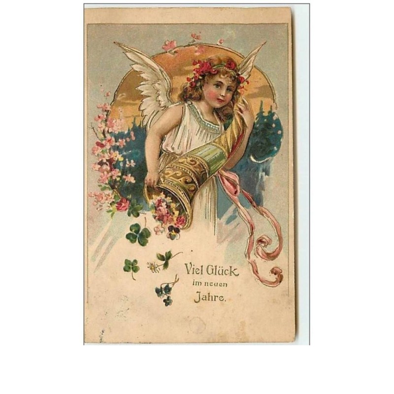 n°8994 - Carte Fantaisie Gaufrée - Viel Glück im neuen Jahre - Ange et corne d'abondance