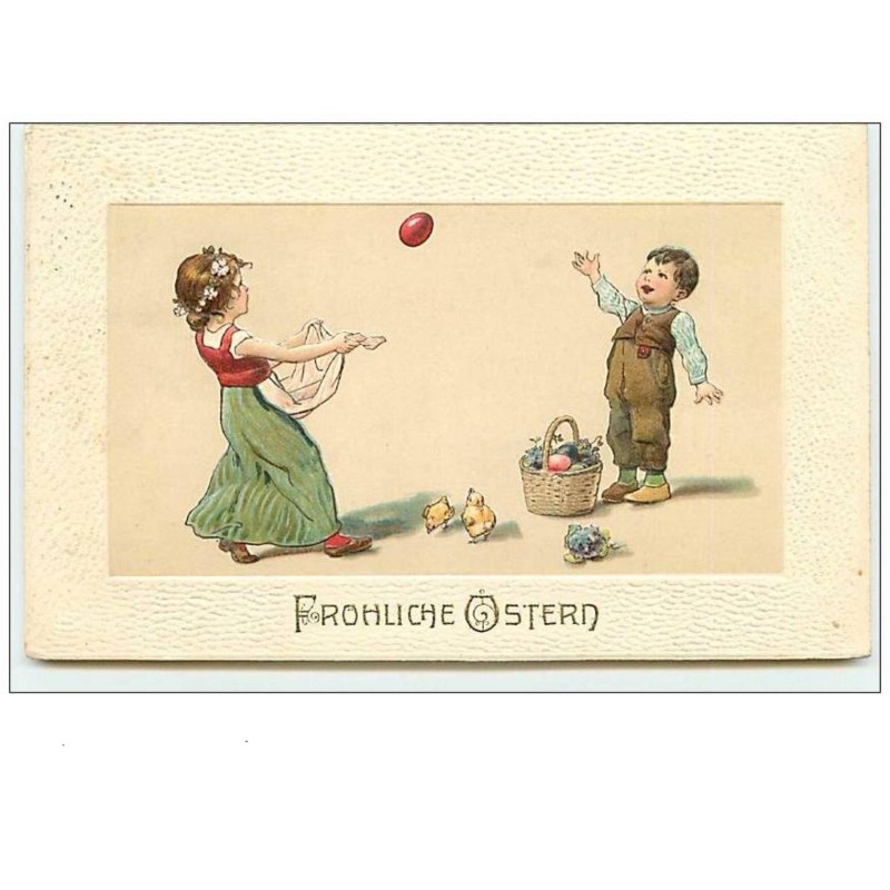 n°8995 - Carte Fantaisie Gaufrée - Frohliche Ostern - Enfant lançant des oeufs