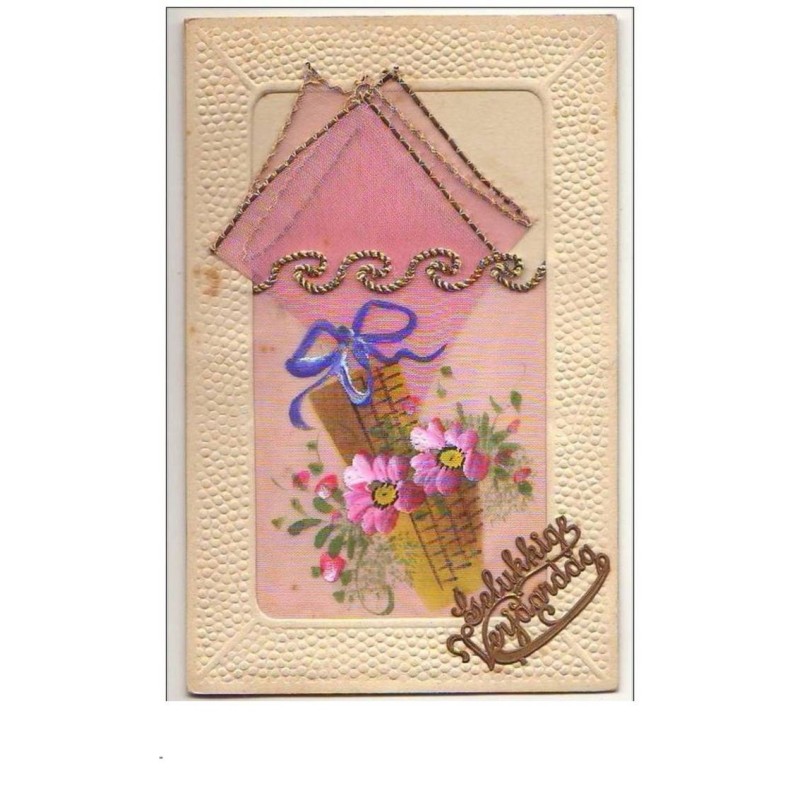 n°9061 - Carte Brodée avec pochette , peinte - Gelukkig Verjaardag