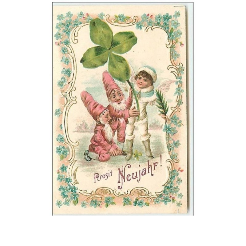 n°9081 - Carte Gaufrée - Prosit Neujahr - Lutins avec un Angelot