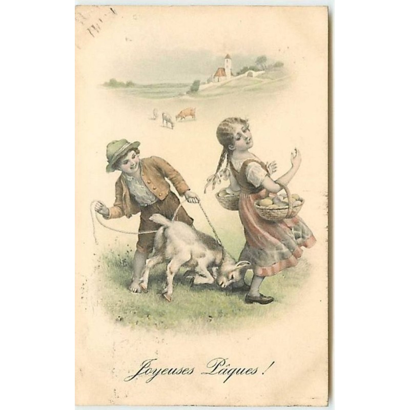 n°12475 - MM Vienne n°434 - Joyeuses Pâques - Couple d'enfant avec une chèvre
