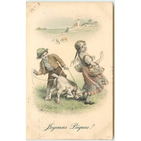 n°12475 - MM Vienne n°434 - Joyeuses Pâques - Couple d'enfant avec une chèvre