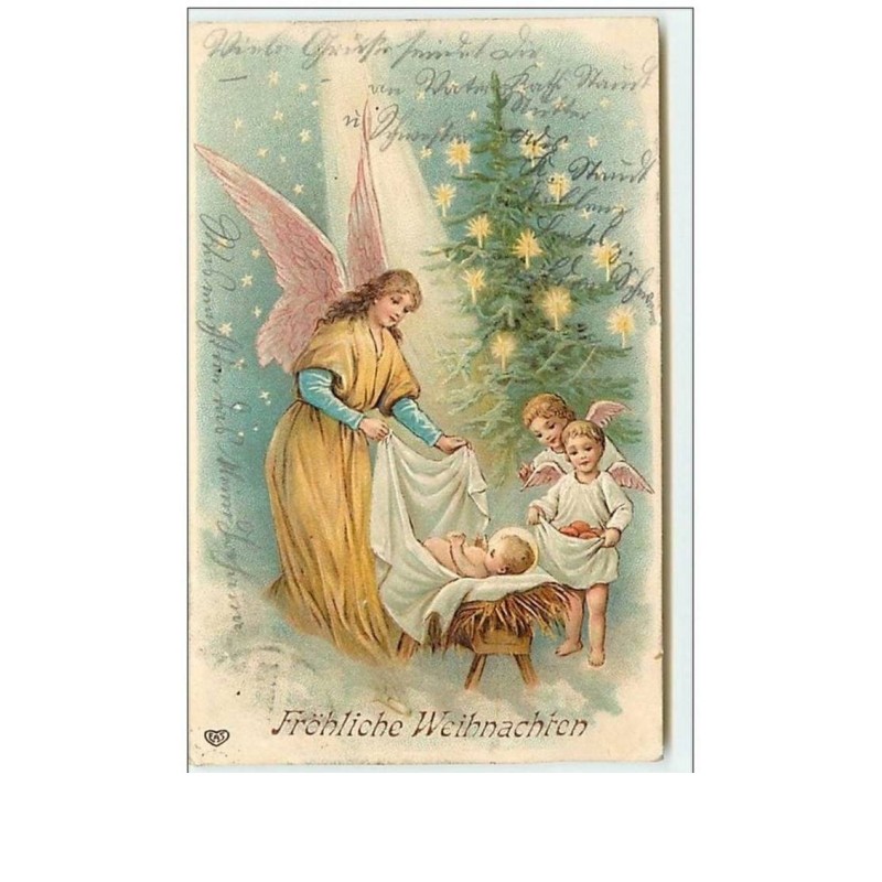 n°9093 - Carte Gaufrée - Fröhliche Weihnachten - Anges autour d'un bébé