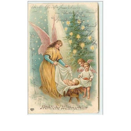 n°9093 - Carte Gaufrée - Fröhliche Weihnachten - Anges autour d'un bébé