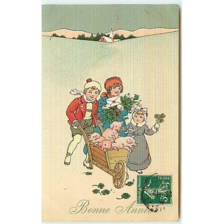 n°9236 - Carte Fantaisie - Bonne Année - Enfants avec une brouette de cochons