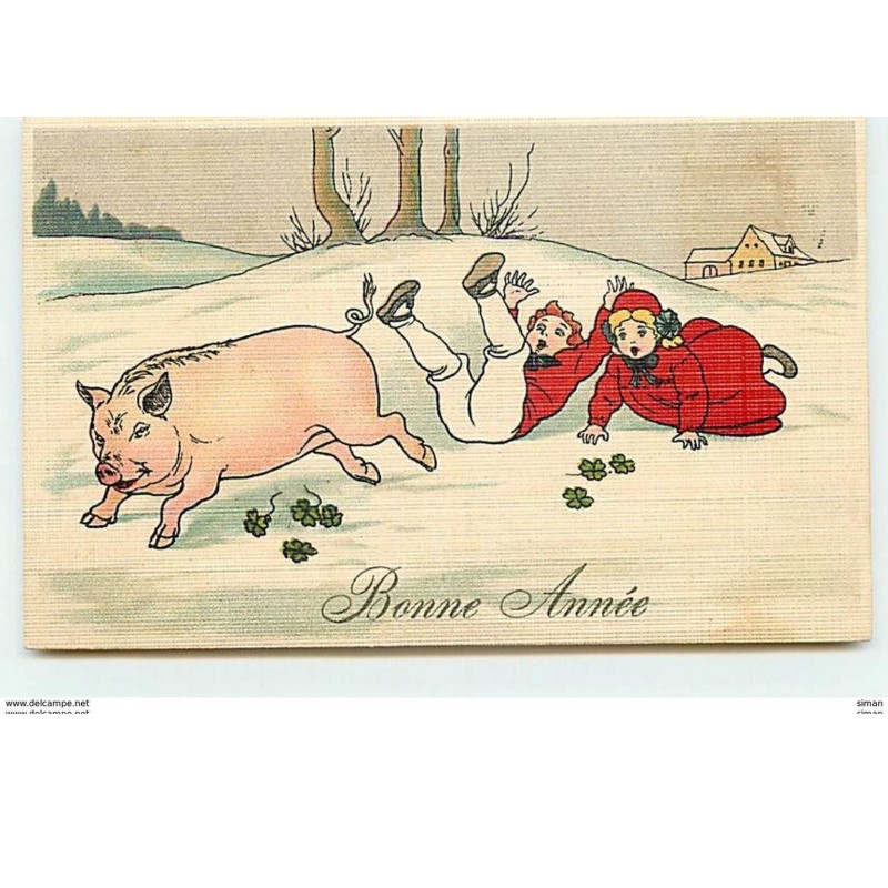 n°9237 - Carte Fantaisie - Bonne Année - Cochon ayant renversé des enfants