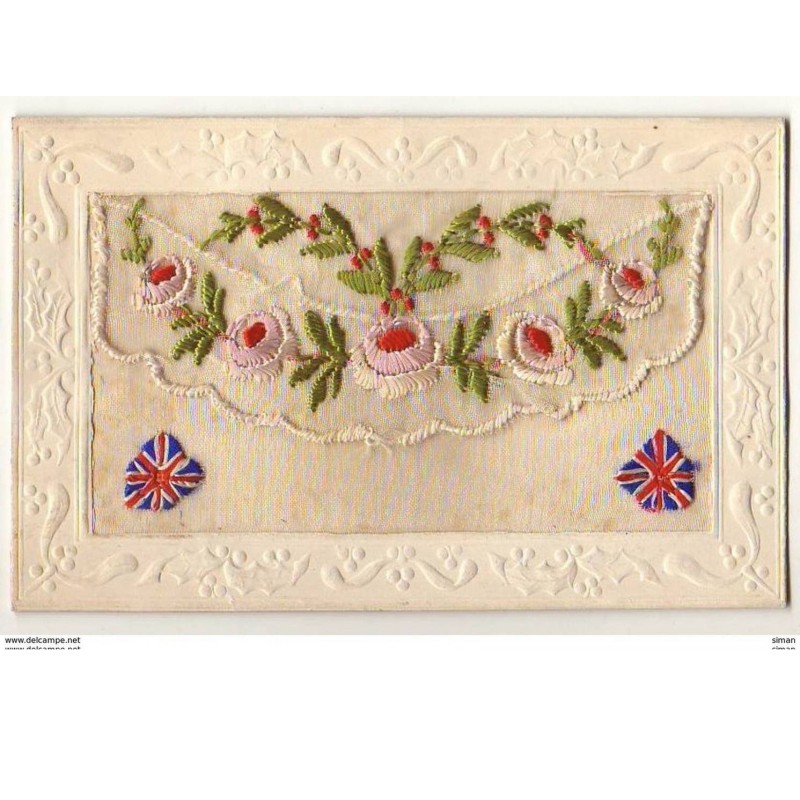 n°9253 - Carte Brodée avec rabat - Roses et Drapeaux Anglais