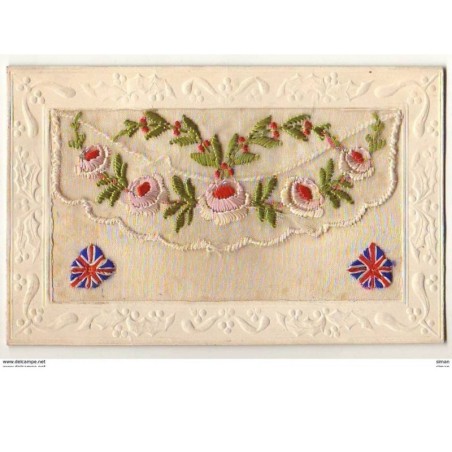 n°9253 - Carte Brodée avec rabat - Roses et Drapeaux Anglais