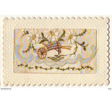 n°9255 - Carte Brodée avec rabat - Brouette et fleurs blanches