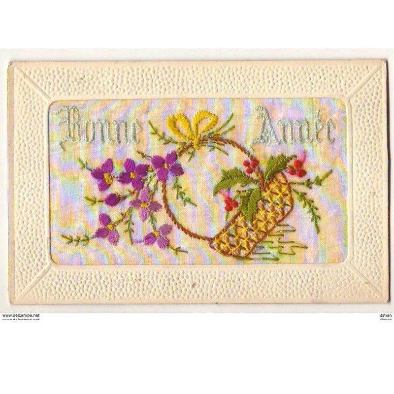n°9258 - Carte Brodée - Bonne Année - Corbeille de Fleurs