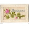 n°9259 - Carte Brodée - Bonne Année - Rose et Trèfle à 4 Feuilles