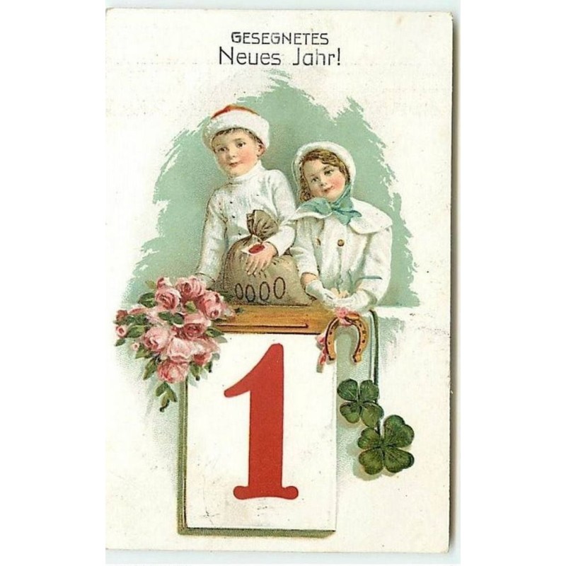 n°9282 - Carte Fantaisie Gaufrée - Gesegnetes Neues Jahr - Enfants avec un sac de pièces