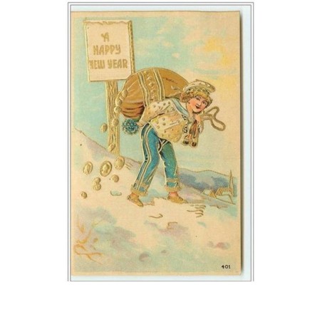 n°930 - Carte Gaufrée - A Happy New Year - Garçon avec un sac de pièces