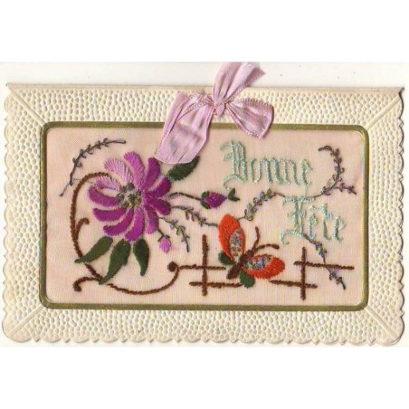 n°9303 - Carte Brodée - Bonne Fête - Fleur et Papillon