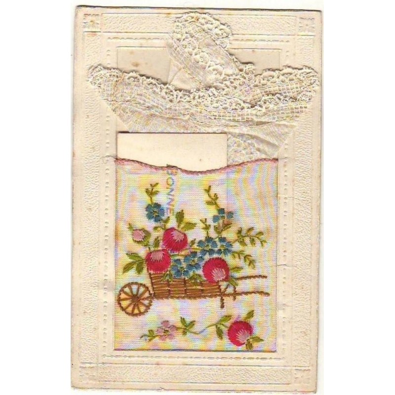 n°9307 - Carte Brodée avec Pochette - Brouette remplie de fleurs