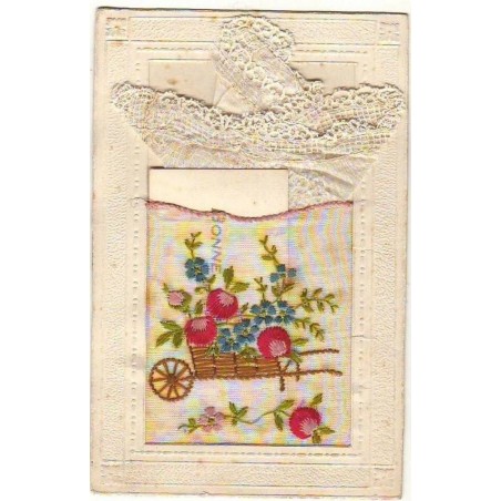 n°9307 - Carte Brodée avec Pochette - Brouette remplie de fleurs