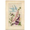 n°9308 - Carte Brodée - Souvenir - Hirondelle et Fleurs