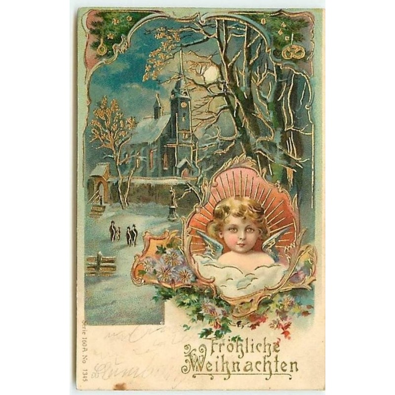 n°9332 - Carte Fantaisie - Fröhliche Weihnachten - Ange dans un médaillon - Eglise