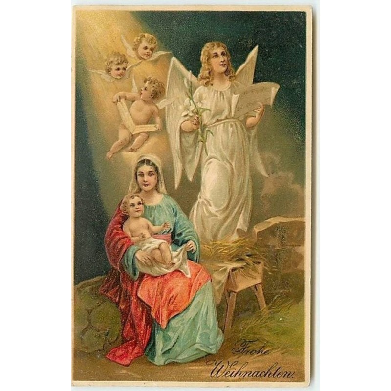 n°9336 - Carte Fantaisie Gaufrée - Fröhe Weihnachten - Scène de la nativité - Ange