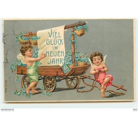 n°9343 - Carte Fantaisie Gaufrée - Viel Glück im neuen Jahr - Angelots près d'une charette remplie de fleurs