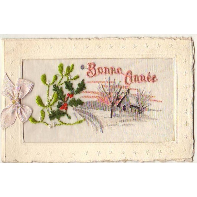 n°9356 - Carte Brodée - Bonne Année - Paysage, gui et houx