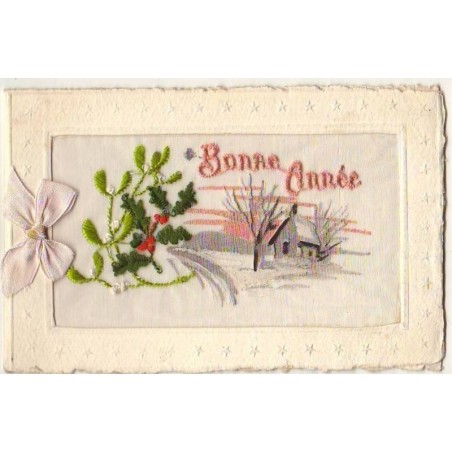 n°9356 - Carte Brodée - Bonne Année - Paysage, gui et houx
