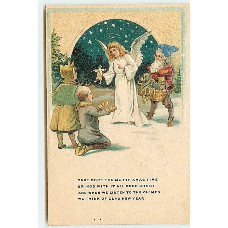n°9393 - Carte Fantaisie Gaufrée - Ange Gardien et Lutin avec des Cadeaux